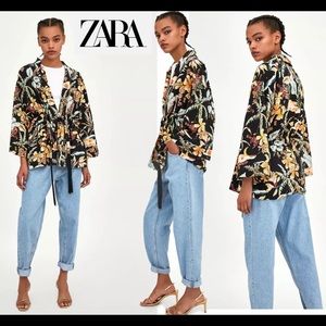 ZARA black floral tropical wide sleeve fringe tassel kimono jacket Sz S-M🔥